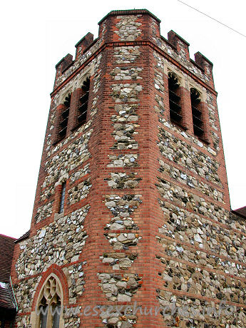 St Alban, Westcliff-on-Sea Church – The South-East tower, showing the fabric of the church to be flint and rubble with red-brick dressings.