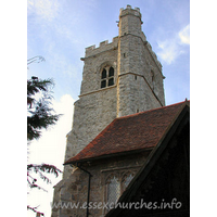 St Michael, Fobbing Church – Exterior 2: The 15th Century W tower is rather spectacular, with a raised SE stair turret, and has battlements all round the top. It is diagonally buttressed.