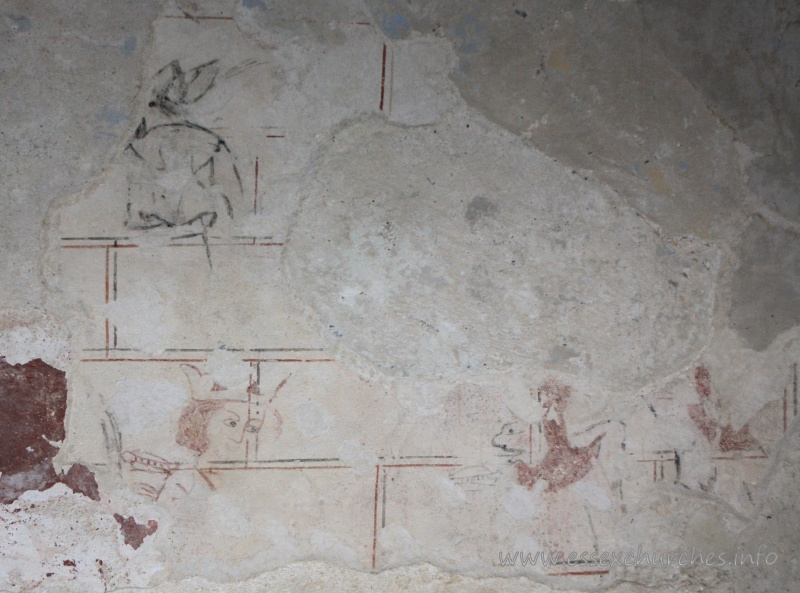 St Mary, Mundon Church – This is the earliest scheme of wall painting, and has recently been identified as the Martyrdom of St Edmund, King of East Anglia by Professor David Park, Courtauld Institute of Art, Conservation of Wall Paintings Department. He is crowned and the Danes are shooting arrows at him from in front and behind. === Only the head and shoulders of the Edmund figure, in three-quarter profile, remain, outlined in red, with his hair painted red and his eyes painted black. Behind the saint are vestiges of a bow, hand and arrow: the bow outlined in black; the arrow and hand in red. Facing him are the remains of two hooded figures in profile, the nearest is shooting another arrow: this and the figures are outlined in black; their hoods are red. === Above the Edmund figure is an unidentifiable figure outlined in black.