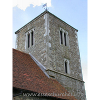 Holy Cross, Basildon Church – Exterior 3: A rather plain, but elegantly simple C14 W tower. The weather vane is dated 1702.