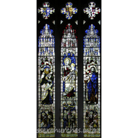 St Mary the Virgin, Great Bardfield Church – Stained Glass 5: S chapel - easternmost window of S wall, showing the Incarnation Shows the Blessed Virgin Mary with Isaiah and St John the Baptist. The quatrefoils show Arms of the Diocese, Royal Arms and Lampet Arms quartered with Sparrow Arms.