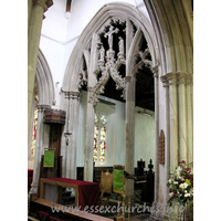 St Mary the Virgin, Great Bardfield Church – Interior 4: The screen, illuminated a little more, showing the rich cusping and crocketing, and use of ogee arches.