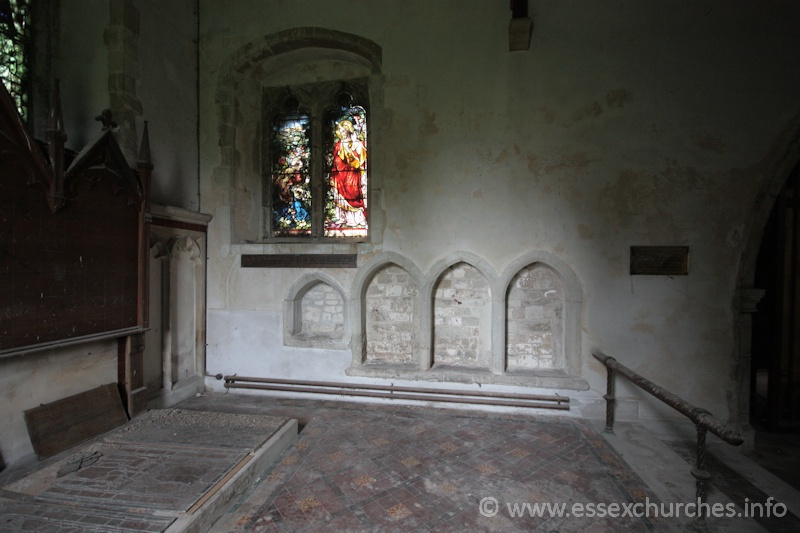 St John the Baptist, Mucking Church – The sedilia and piscina - very close to the current floor level, indicating that the chancel floor was at some time raised.