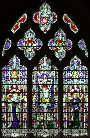 St Mary Magdalene, Great Burstead Church – This Kemp & Co. window depicts the crucifixion scene in three panels. It dated from 1928. Parts of the tracery itself, though, date from the 14th century. The window was given by Mrs Goodchild of Stock, whose husband had farmed locally. Until this window was installed, the east window had been blocked.