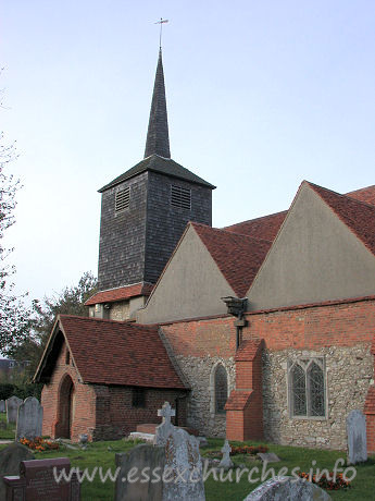 St Laurence & All Saints, Eastwood Church – Tower - added early 13th century - upper part replaced by timber bell turret pre-1770. Brick South porch - 16th century, housing original 13th century south door.