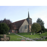 St Laurence & All Saints, Eastwood Church – Exterior 3: The west window glass is modern, dating from 1978, and depicts the life of Samuel Purchas (vicar 1604-1614).