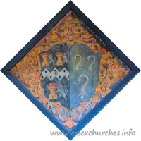 St Michael, Theydon Mount Church – Hatchment 1: This hatchment was for Anne Hedges d. 1719, who was the first wife of Sir Edward Smyth, 3rd Bt. Although rather faded, the left-hand side of the hatchment appears to have been white when it was created, showing that Anne was survived by her husband.