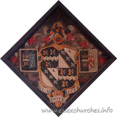 St Michael, Theydon Mount Church – This is the hatchment created for the funeral of Sir Edward Smyth d.1744, 3rd Bt. Survived by his second wife, as depicted by the right-hand shield.