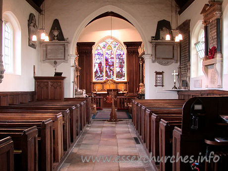 St Michael, Theydon Mount Church – The full view East from the back of the church. The feeling one gets from walking into this church is incredible. Its array of monuments is immense, and gives a great sense of completeness.