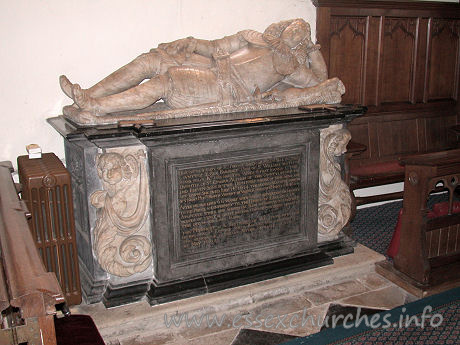 St Michael, Theydon Mount Church – The final large monument in the church is to Sir Thomas Smith d.1668, the son of Sir William Smith d.1631. Of black and white marble, with no super-structure. To each side of the inscription can be seen thick angle volutes ending in cherubs' heads. Here lyeth y body of Sr Thomas Smith of Hill Hall in the County of Essex Baronet (Son of Sr William Smith of y same place Knt) He had two wives. Y first Joanna (the daughter of Sr Edward Altham of this County) by her he had Eleven Sons & two Daughters where of nine Sons are yet living. She died July 14th 1658. The second Beatruce (Daughter of y Right Honble Francis Viscount of Valentia) who died March 26, 1668 After he had lived 66 years with great reputation for Loyalty to his Prince & Conformity to the Church of England in Apostate times and served his King & Country in Chiefest places of trust and credit in the County, peaceably departed this life in our Lord Jesus This Monument as a testimony of the true affection of his son Sr Edward Smith Baronet was erected to the memory of his deare Father deceased on the 5th of May 1668
