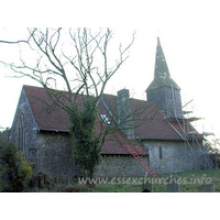 St Mary, Ramsden Crays Church – Exterior 4: Despite the church now undergoing conversion into a private dwelling, the churchyard is still open and used for burials. The main fabric of the church dates from 1871, when a major rebuild was undertaken. Some materials from the original 14th century church were reused however, including the windows and the belfry with its broach spire.