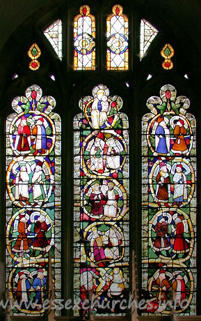 St Margaret of Antioch, Margaretting Church – From Pevsner "In the three-light E window the Tree of Jesse, much restored, yet impressive as a complete C15 composition : four medallions with two figures each in the side lights, Jesse, three medallions, and the seated virgin in the centre light."