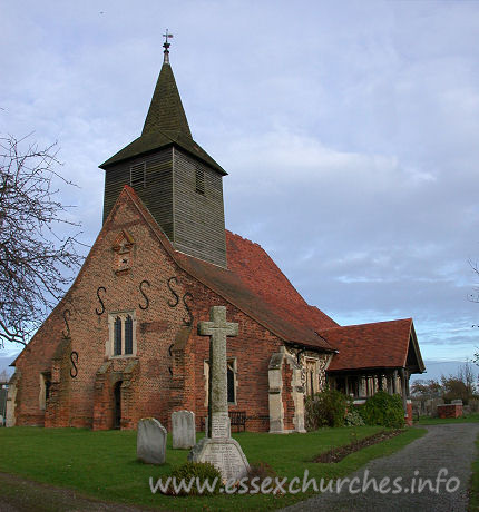 St Giles, Mountnessing Church – Nave - rebuilt 1888-1891, during the restoration by Bodley and Garner. This restoration reused many of the old materials - brick, limestone and puddingstone.