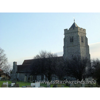 All Saints, Rettendon Church – Exterior 3: The Kentish Rag tower is diagonally buttressed. It has a low pyramid roof, a SE stair turret and is embattled. Image reproduced by kind permission of Julie Archer.