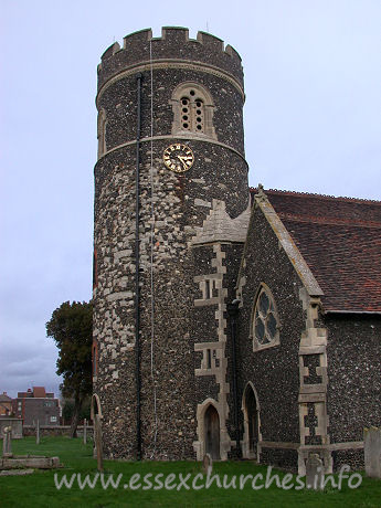 St Nicholas, South Ockendon Church – The top stage of the tower was rebuilt during the 1866 restoration. The lower stage is the original C13 construction.