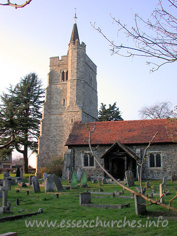 St Mary, Runwell Church – The W tower is constructed from Kentish ragstone. It is diagonally buttressed, and has a round stair turret. St Mary's as a whole is basically late fourteenth century.