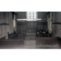 Dedication Unknown, Mashbury Church – Interior 1: Unfortunately, despite enquiring at Mashbury Hall, across the way, I was unable to obtain the key to the church. The following shots show the best I could manage through the dusty windows.