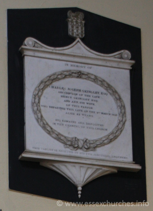 St Peter Ad Vincula, Coggeshall Church – In memory of Charles Joseph Skingley Esq. Second son of the late Henly Skingley Esq. and Ann his wife, of this parish, who departed this life on the 9th March 1853 aged 43 years. His remains are deposited in the chancel of this church. This tablet is erected by his two surviving brothers.