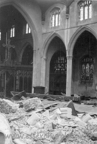 St Peter Ad Vincula, Coggeshall Church – One of a series of 8 photos bought on eBay. Photographer unknown. "From where the North wall previously stood - showing part of undamaged chancel and South aisle." - dated September 1940.