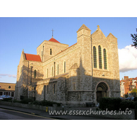 Our Lady of Light (Catholic), Clacton Church – Exterior 2: It is in the neo-Norman style, with a rockfaced exterior. The west front has three stepped round-headed lancets and square angle turrets.