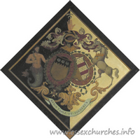 St Andrew, Hempstead Church – Hatchment 1: For Admiral Sir Eliab Harvey, M.P., G.C.B., of Rolls Park, Chigwell, who married Louisa, youngest daughter and co-heir of Robert, Earl Nugent, and died 20th February 1830. Printed on back of original canvas: 'Charles Robertson & Co., 51 Longacre'. Restored by Sir Francis Whitmore in 1958. Lady Louisa Harvey's hatchment is at Chigwell). Details taken from Hatchments in Britain: 6, Edited by Peter Summers