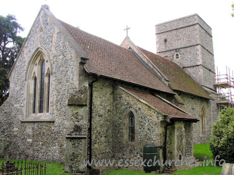 St Mary the Virgin, Strethall Church – Circling the church's grounds, anti-clockwise, I suddenly came across a van with two workmen in it. I has also, at the same time, stumbled upon the entrance to the churchyard, and also noticed that the tower appeared to be undergoing restoration.