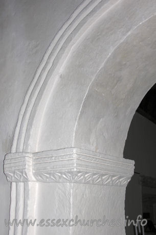 St Mary the Virgin, Strethall Church – The capital decoration on the chancel arch, leading Pevsner to date it as post-Conquest.