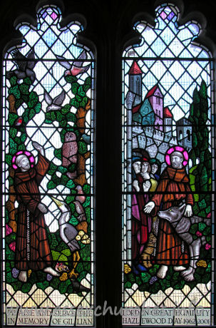 All Saints, Nazeing Church – This early C21 glass was designed by Peter Cormack. "Praise and serve the Lord in great humility. In memory of Gillian Hazlewood Day. 1962-2001."