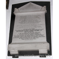 All Saints, Nazeing Church – Monument 5: In memory of Elizabeth Charlotte Palmer, the beloved wife of George Palmer Jnr. Esqre of Nazing in the county of Essex, second daughter of John Surtees Esqre of Newcastle on Tyne, who died on Sunday 30th of July 1848, in the 43rd year of her age, after giving birth to a daughter who survived her mother but a short time, leaving three sons and one daughter to mourn their irreparable loss. Also in memory of William Cotterell Surtees Palmer the infant son of the above Elizabeth Charlotte and George Palmer, who died on the 8th of May 1842, aged 9 months. By whom lieth buried the tender husband of the one, and loving father of the other, LIEUTENANT COLONEL GEORGE PALMER, J.P., late of Nazing Park; In 1828 he raised and for long commanded the Essex regiment of Yeoman cavalry. He was one of the nine original commissioners who in 1837 founded the British colony of South Australia. He servied in 1863 as High Sheriff for the county of Essex, and was well known for many years as a verderer of Epping Forest. He died at Nazing on 26th April 1883, ending an active life in peace.