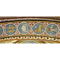 St Michael & All Angels, Copford Church – Interior 5: The centre part of the underneath of the chancel arch, which depicts all 12 signs of the zodiac. From left to right can be seen: Gemini, Cancer, Leo and Virgo.