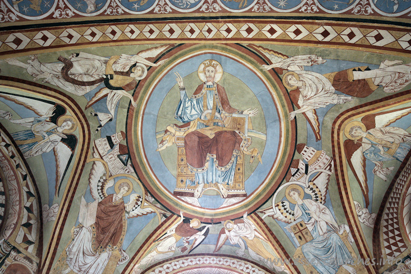 St Michael & All Angels, Copford Church – The painting on the ceiling of the apse depicts Christ in circular glory, surrounded by angels, with apostles below.