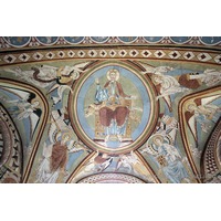 St Michael & All Angels, Copford Church – Interior 7: The painting on the ceiling of the apse depicts Christ in circular glory, surrounded by angels, with apostles below.