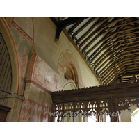 St Michael & All Angels, Copford Church – Interior 8: A clear shot of one of the painted springers, which would once have supported the Norman barrel vaulting of the roof. It is likely that the original barrel vaulting was removed during the 13th and 14th centuries, as it became necessary to punch further windows into the walls.