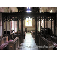 St Michael & All Angels, Copford Church – Interior 9: Looking W from the chancel, with the screen clearly shown.