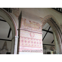 St Michael & All Angels, Copford Church – Interior 13: Another springer on the S wall of the nave. Note the two different styles of arch on either side. The arch to the left is pointed, with angled shafter responds. To the right, the arch is altogether rather different. Both the arch and it's response are triple-chamfered, and are constructed entirely of brick. However, only the outer order uses Roman bricks. The inner orders appear to use home-made or imported bricks, yet the date is apparently no later than c.1300. According to Bettley's Buildings of England: Essex, these bricks are therefore amongst the earliest medieval ones in England.