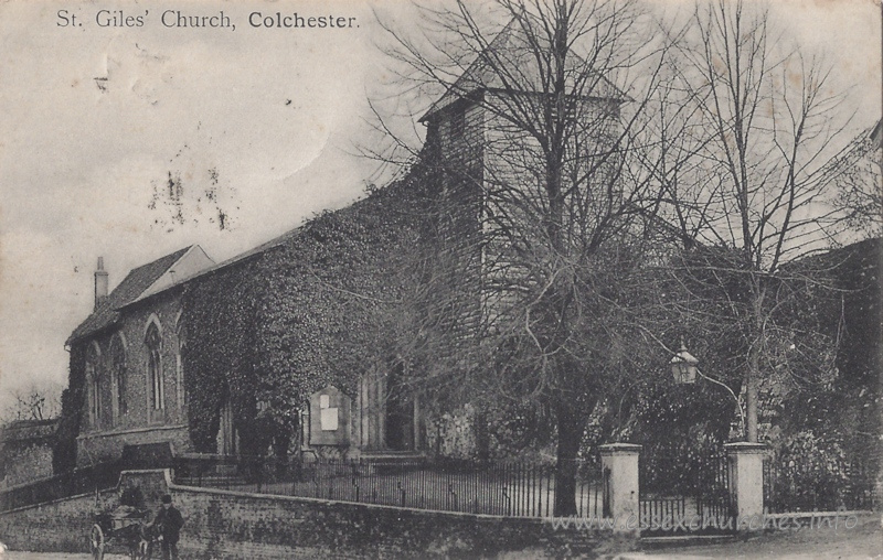 St Giles, Colchester Church – Postmarked June 7th 1906. Postcard marking 'H. G. R., C. Photo by Gill'