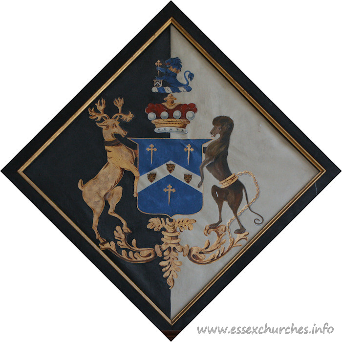 All Saints, Terling Church – For John James, 2nd Baron Rayleigh, who married 1842, Clara Elizabeth La Touche, daughter of Captain Richard Vicars, R.E., and died 14th June 1873. Details taken from Hatchments in Britain: 6, Edited by Peter Summers