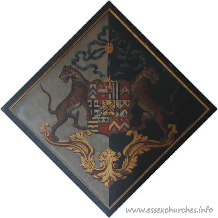 St Andrew, Boreham Church – For Sarah, only daughter and heir of William Tyssen, of Waltham House, Hertfordshire, who married in 1791, Sir John Tyrell, 1st Baronet, and died 19th December 1825. Details taken from Hatchments in Britain: 6, Edited by Peter Summers