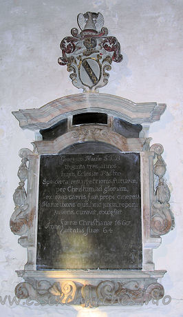 All Saints, Vange Church - Georgius Maule S.T.B.
triginta tres annos
hujus Eclesiae Pastor
Spe certa resurrectionis futurae
per Christum, ad gloriam
exuvias carnis suae, prope cineres
Mariae uxoris ejus, heic juxta reponi
vivens, curavit, excessit


