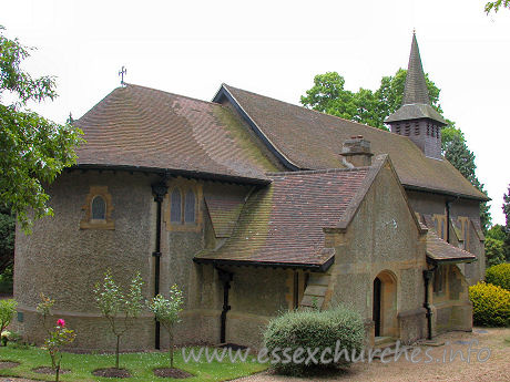 St Mary the Less, Great Warley Church - It was directly after taking this shot that I decided to sit 
down, and consult the oracles ... aka Pevsner and Fitch.
Apparently, I was about to enter
"an orgy of the English 
Arts-and-Crafts variety of the international Art Nouveau." *
"probably the best Art Nouveau church in England" **
So ... what did that mean to me? Er ... not a lot ... just 
that I was about to see the best example of something in the country. But I 
couldn't help but think arty-farty.

	
		* Nikolaus Pevsner - The Buildings of England: Essex
	
	
		** Canon John Fitch 
		- Essex Churches and Chapels
	




