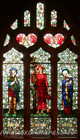 St Mary the Less, Great Warley Church - The banners at the bottom of each of the three main lights 
read "Devotion", "Love" and "Humility".
The wording at the very bottom of the window reads "Greatly 
loving and greatly loved. To the glory of God and in blessed memory of Evelyn 
Heseltine 1850 to 1930. His memory dwelleth in righteousness."


