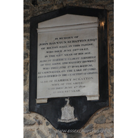 St Mary the Virgin, Prittlewell Church - In memory of John Bayntun Scratton Esq of Milton Hall in this parish, who died June 28th 1842 in the 63rd year of his age. Also of Harriet (eldest daughter of the above and Harriet his wife.) who died June 2nd 1844 aged 30, at Cadenabbia on the Lake of Como, and is buried in the cemetery of Griante. Also of Harriet Scratton (wife of the above) who died June 4th 1856 in her 65th year.