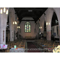 St Laurence, Blackmore Church - The nave. The N aisle is early C14, whilst the S aisle is clearly C16, with it's brick piers. Due to the early dissolvement of this priory (1527), it is unclear as to whether the C16 alterations where as a result of the move to parochial use.