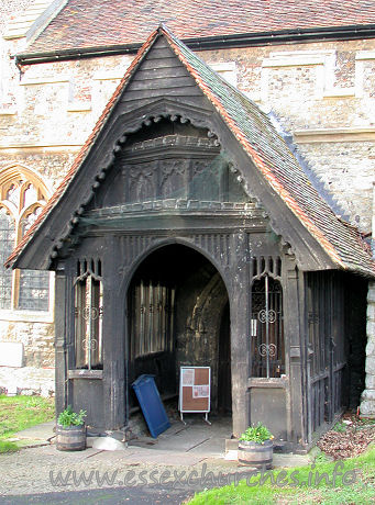 St Mary, South Benfleet Church - 


This lovely S porch has panel tracery in the spandrels of the doorway, an embattled beam, tracery panels in the gable, cusped bargeboarding, and a two-bay hammerbeam roof inside. All in all, a rather lovely piece of craftsmanship.













