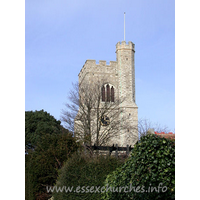 St Clement, Leigh-on-Sea Church - St Clement's church is best approached from Church Hill. It is 
a steep climb, but is well worth it as the church suddenly appears from between 
the trees. Though I doubt this view is possible when that tree is somewhat 
leafier.
The C15 west tower is diagonally buttressed. It has 
battlements, and the raised stair turret can clearly be seen in this picture. 
The tower has a west door, and a three-light west window.
