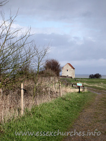 , Bradwell-juxta-Mare% Church - Getting closer ...
The chapel was built shortly after St Cedd's arrival (AD 653), 
down the east coast from Lindisfarne. Built as St Peter's Cathedral in AD 654, 
it has had a varied life, seeing it used as a barn, and then finally being 
restored for use as a chapel in 1920.
