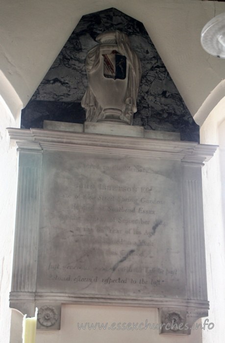 St Mary the Virgin, North Shoebury Church - Sacred to the Memory of John Ibbetson Esq, late of New Street Spring Gardens. He died at Southend, Essex on the 11th Day of September 1804 in the 68th Year of his Age and lies buried in a vault under this Chancel. === Just, generous, good, a virtuous Life be past, Belov'd, esteem'd, respected to the last".