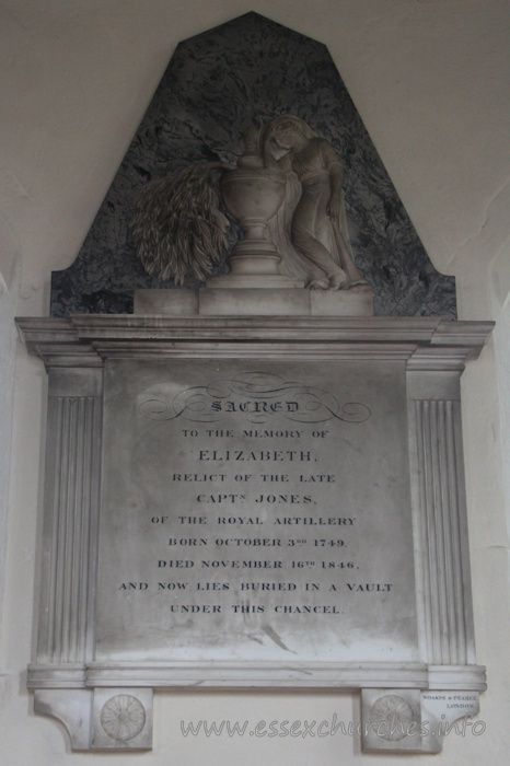 , North%Shoebury Church - Sacred to the memory of Elizabeth, relict of the late Captn Jones, of the Royal Artillery. Born October 3rd 1749. Died November 16th 1846. And now lies buried in a vault under this chancel.