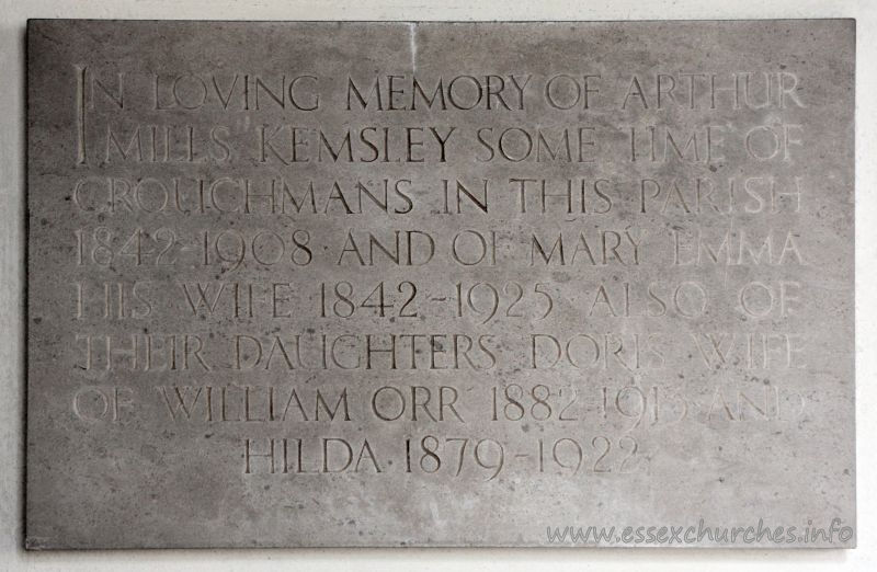 , North%Shoebury Church - In loving memory of Arthur Mills Kemsley some time of Crouchmans in this parish 1842-1908 and of Mary Emma his wife 1842-1925. Also of their daughters Doris, wife of William Orr 1882-1913 and Hilda 1879-1922.