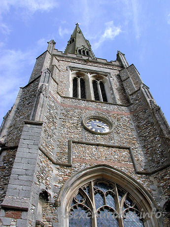 St John the Baptist, Thaxted Church - From Pevsner: "The spire, it is true, was struck by lightning in 1814, and 
had to be rebuilt, but the reconstruction was accurate."
